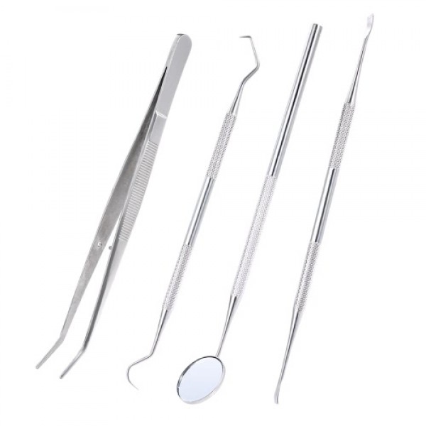 4Pcs Stainless Steel Dental Instruments Mouth Mirror Probe Scraper Tweezers Teeth Hygiene Kit Oral Care