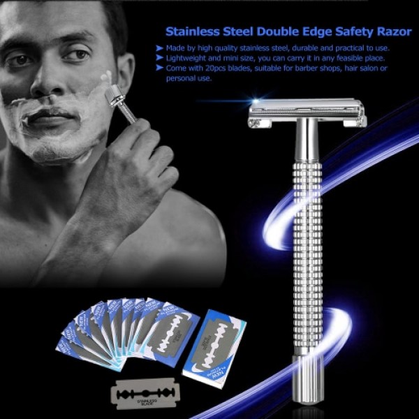 Stainless Steel Double Edge Safety Razor with Stainless Steel 20pcs Blades Traditional Men's Double-edge Shaving Razor Set