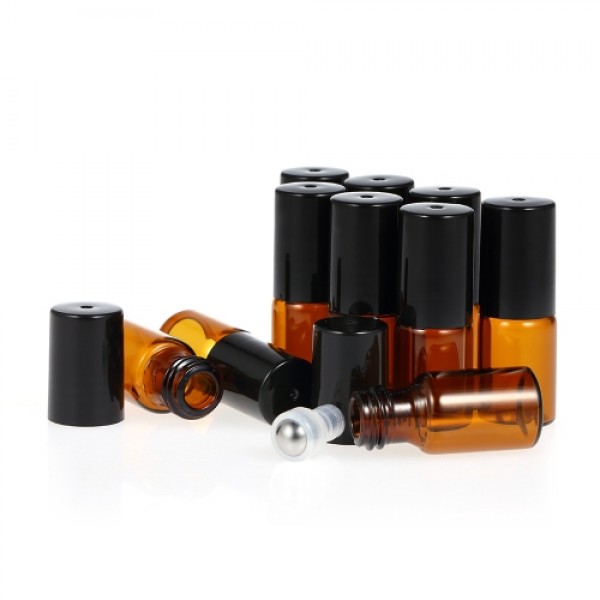 10 Pcs 3ml Amber Glass Essential Oils Roller Bottle Roll-on Bottles Stainless Steel Roller Ball Essential Oil Jar with 3ml Dropp