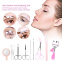 10pcs/set Eyebrow Tools Kit Tweezers Trimmer Scissors Razor Eyelash Curler Mirror Earpick Acne Pin Extractor